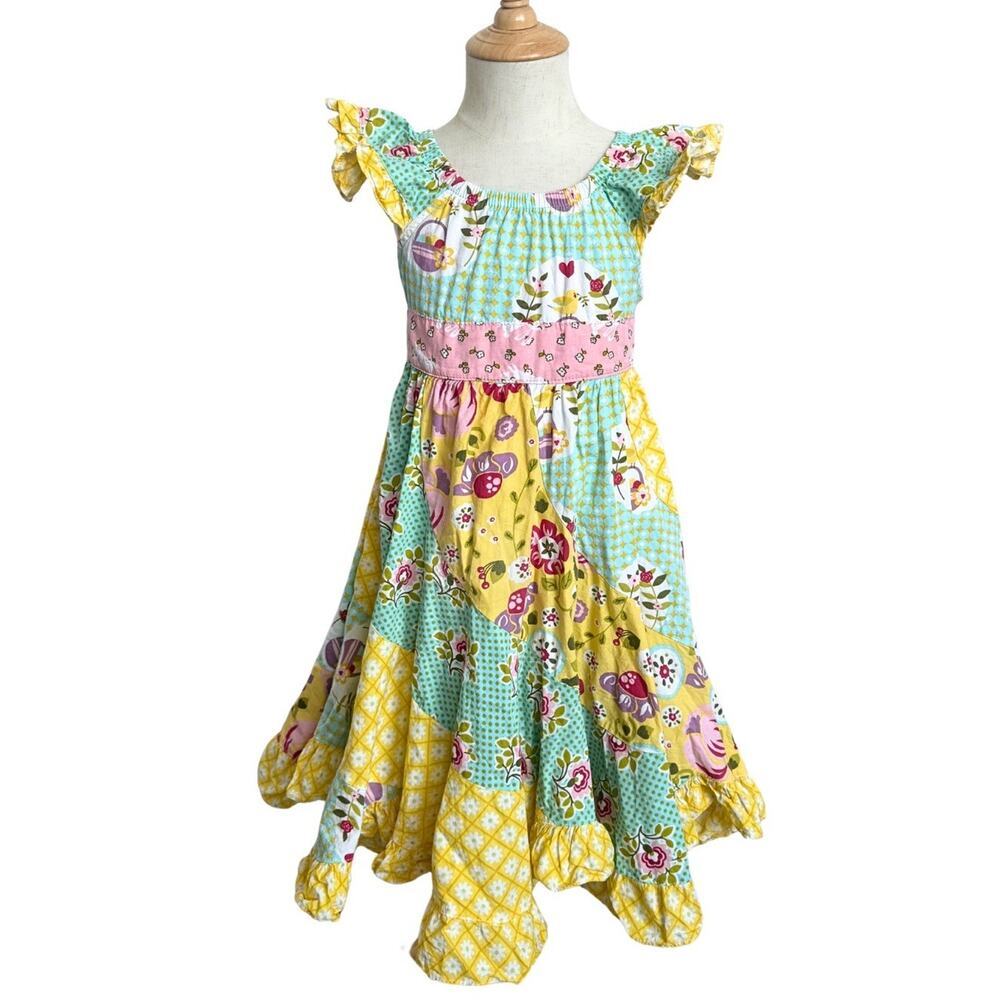 Jelly The Pug Girls Dress Size 5 Patchwork Floral Ruffle Twirl Easter Spring